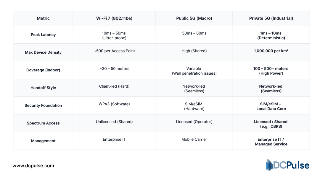 Technical Comparison (Wi-Fi 7 vs. Public 5G vs. Private 5G)